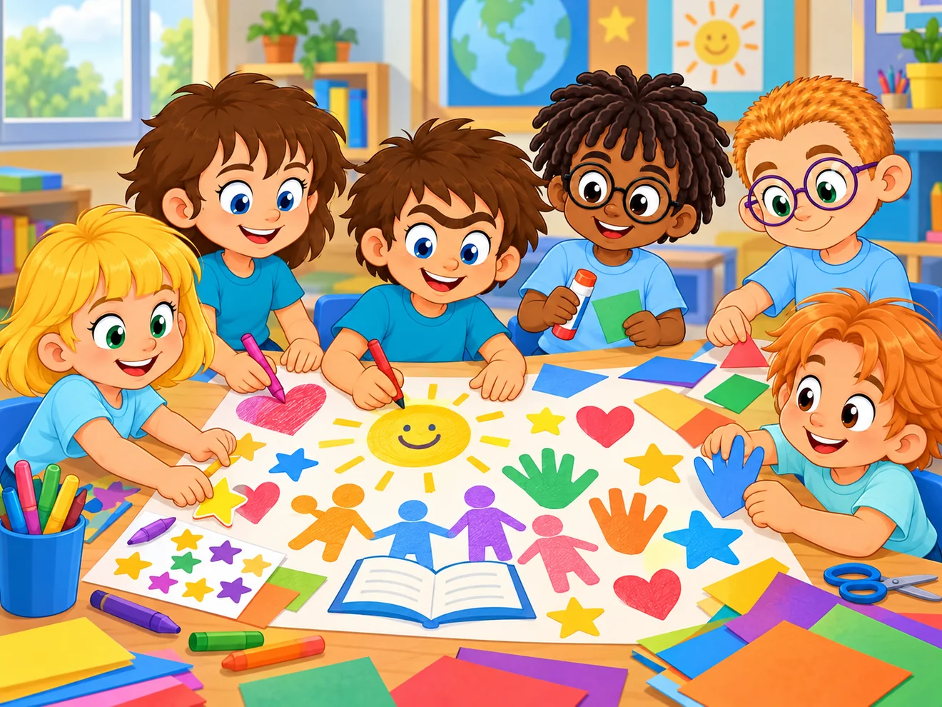 Turma do Xaveco criando juntos um painel educativo na escola